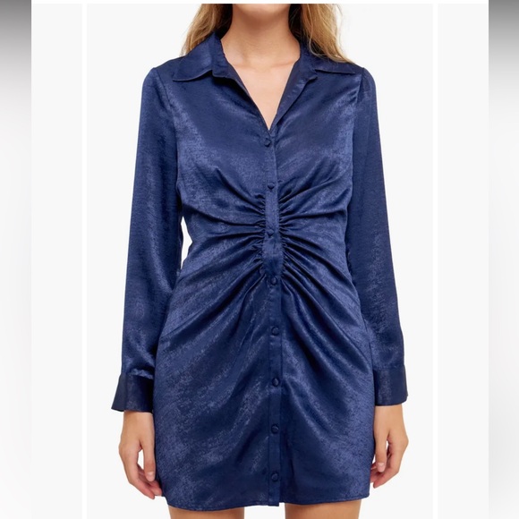 Anthropologie Endless Rose Ruched Bodycon Satin Shirtdress long sleeve LARGE NWT - Picture 5 of 12